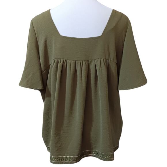 BOBEAU‎ Peasant Flowy Blouse Top Embroidered Square Neck Gathers Size XL Green - Picture 11 of 11